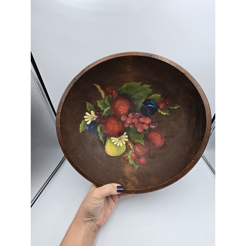 Primitive Hand‎ Painted Wooden Bowl, Floral, Fruit, Colorful,  Unique, Wall Art